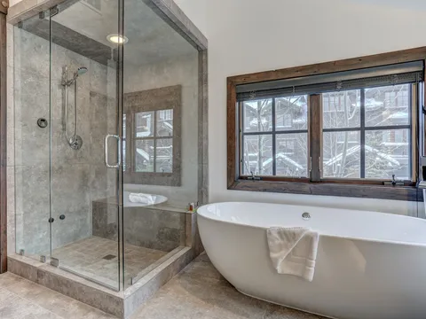 Glass-enclosed shower beside a freestanding soaking tub under a window