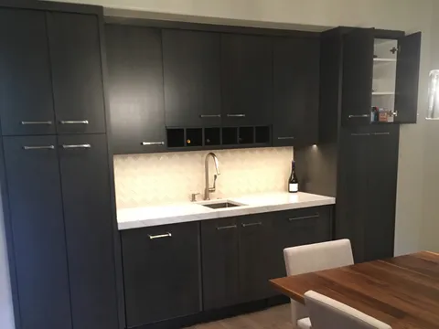 Wet bar with dark cabinetry, wine storage, and a tile backsplash